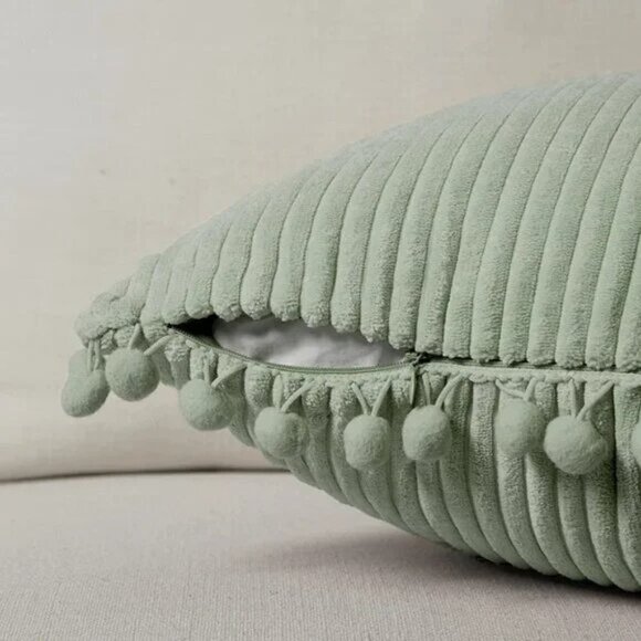 Moss Green Luxury Farmhouse Dorm Velvet Pompom Cute Throw Pillow Cover/CaseSet - Picture 4 of 8
